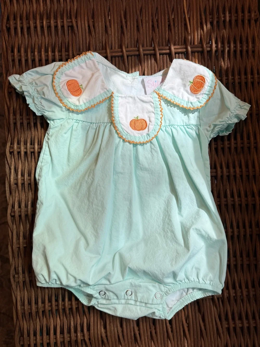 EUC Stitchy Fish Jane Be Little Pumpkin Embroidered Bubble in Mint Green 3M